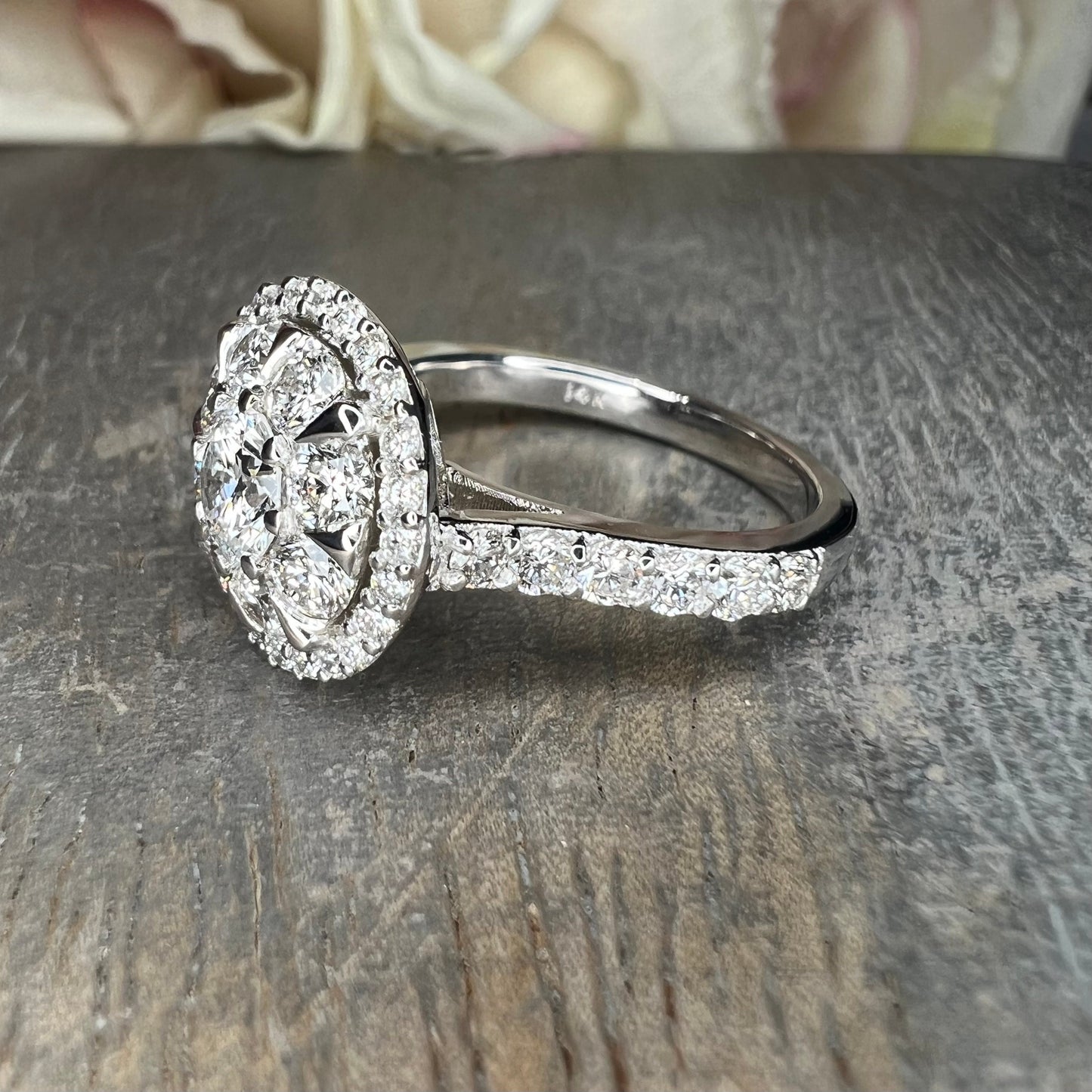 Lab grown diamond ring 14K  white gold, Round cut lab grown diamond engagement ring 14k, Lab grown diamond ring with halo Unique ring