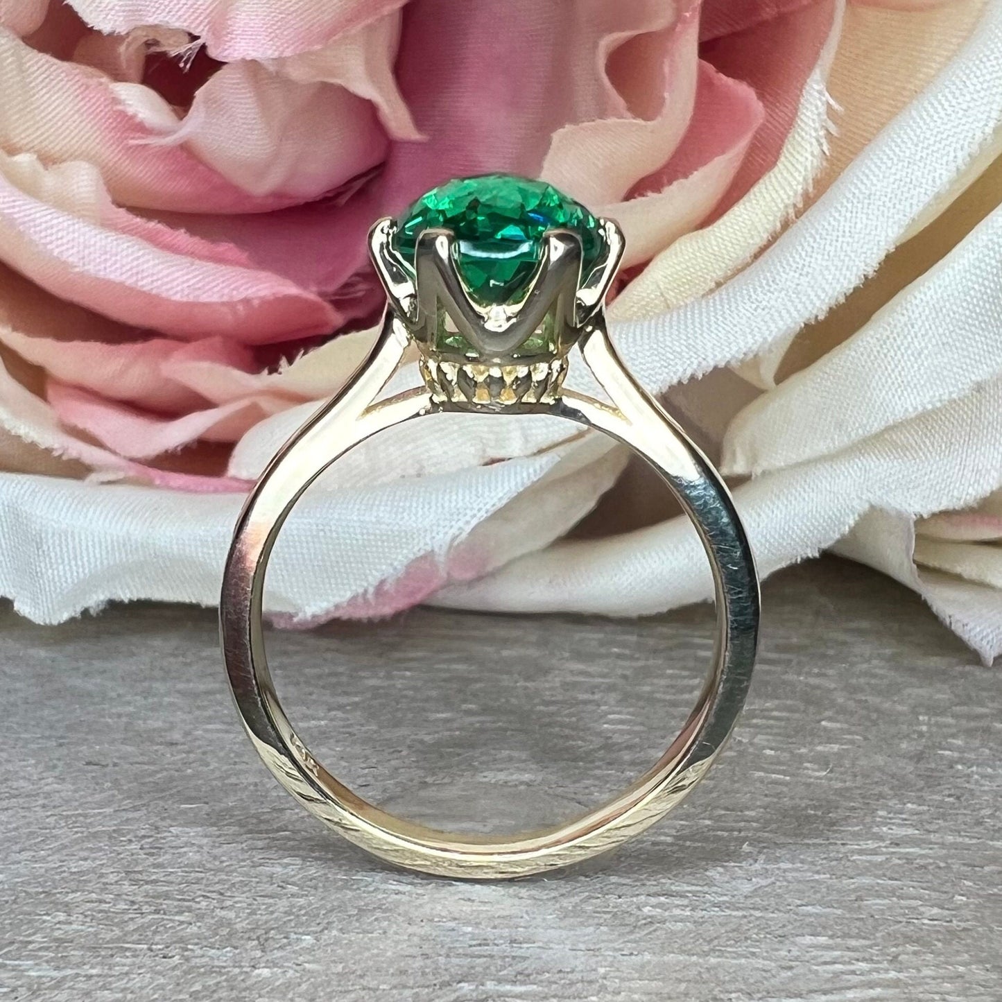 Round solitaire emerald engagement ring, green emerald rose cut anniversary ring, 14k yellow gold #5837