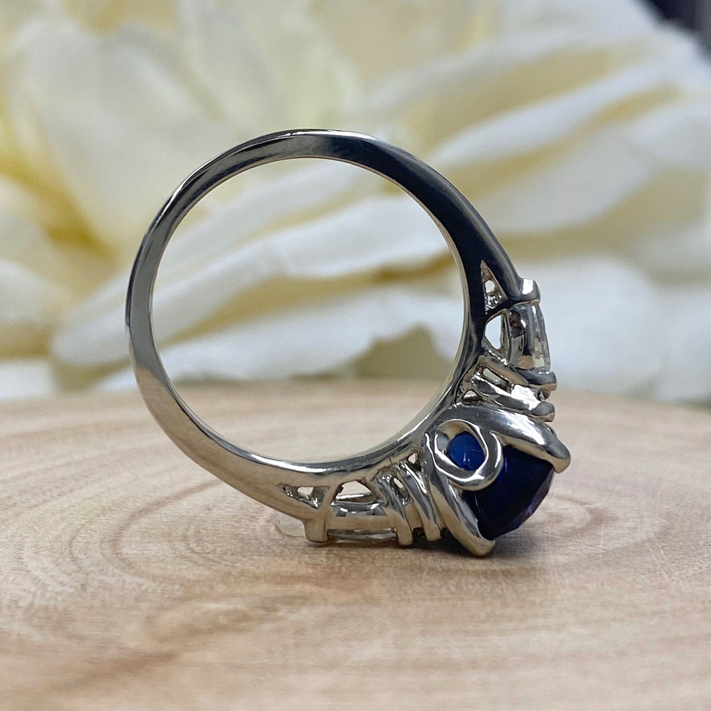 Oval Blue Sapphire Engagement Ring 14K Solid White Gold , Unique Vintage Oval Cluster Ring For Women , Blue Sapphire Engagement Rings  #7213
