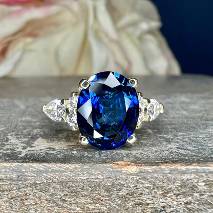 Oval Blue Sapphire Engagement Ring 14K Solid White Gold , Unique Vintage Oval Cluster Ring For Women , Blue Sapphire Engagement Rings  #7213