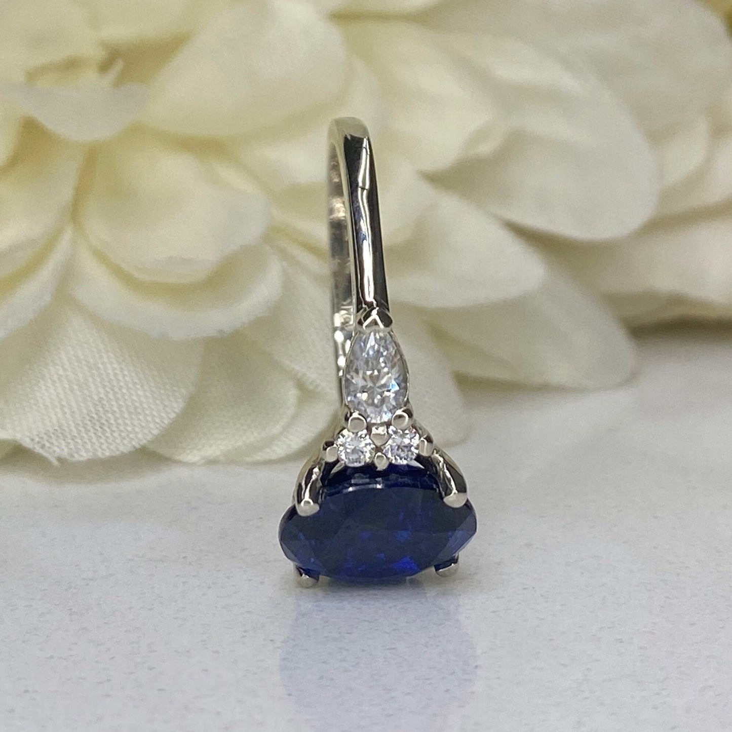 Oval Blue Sapphire Engagement Ring 14K Solid White Gold , Unique Vintage Oval Cluster Ring For Women , Blue Sapphire Engagement Rings  #7213
