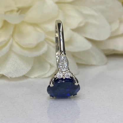 Oval Blue Sapphire Engagement Ring 14K Solid White Gold , Unique Vintage Oval Cluster Ring For Women , Blue Sapphire Engagement Rings  #7213