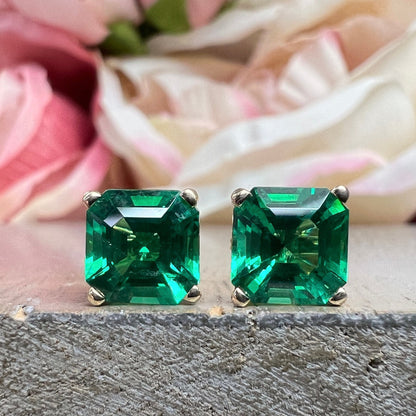 Asscher cut green emerald screw back stud earrings, 3.50ctw, 14k yellow gold