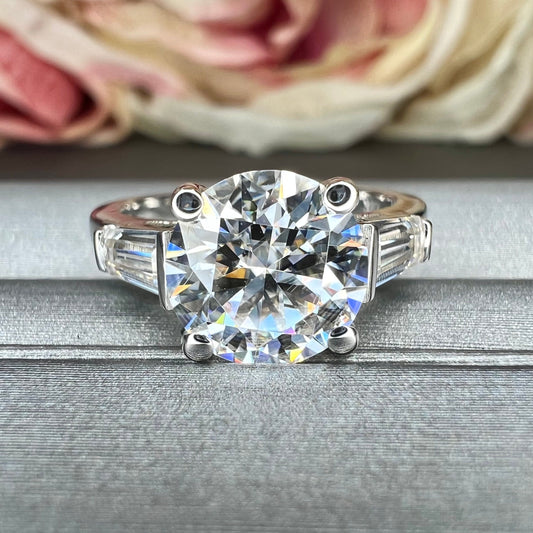 Round baguette moissanite engagement ring 14k white/yellow gold, 2.10 ctw moissanite wedding ring, Round with tapered baguette rings, #7657