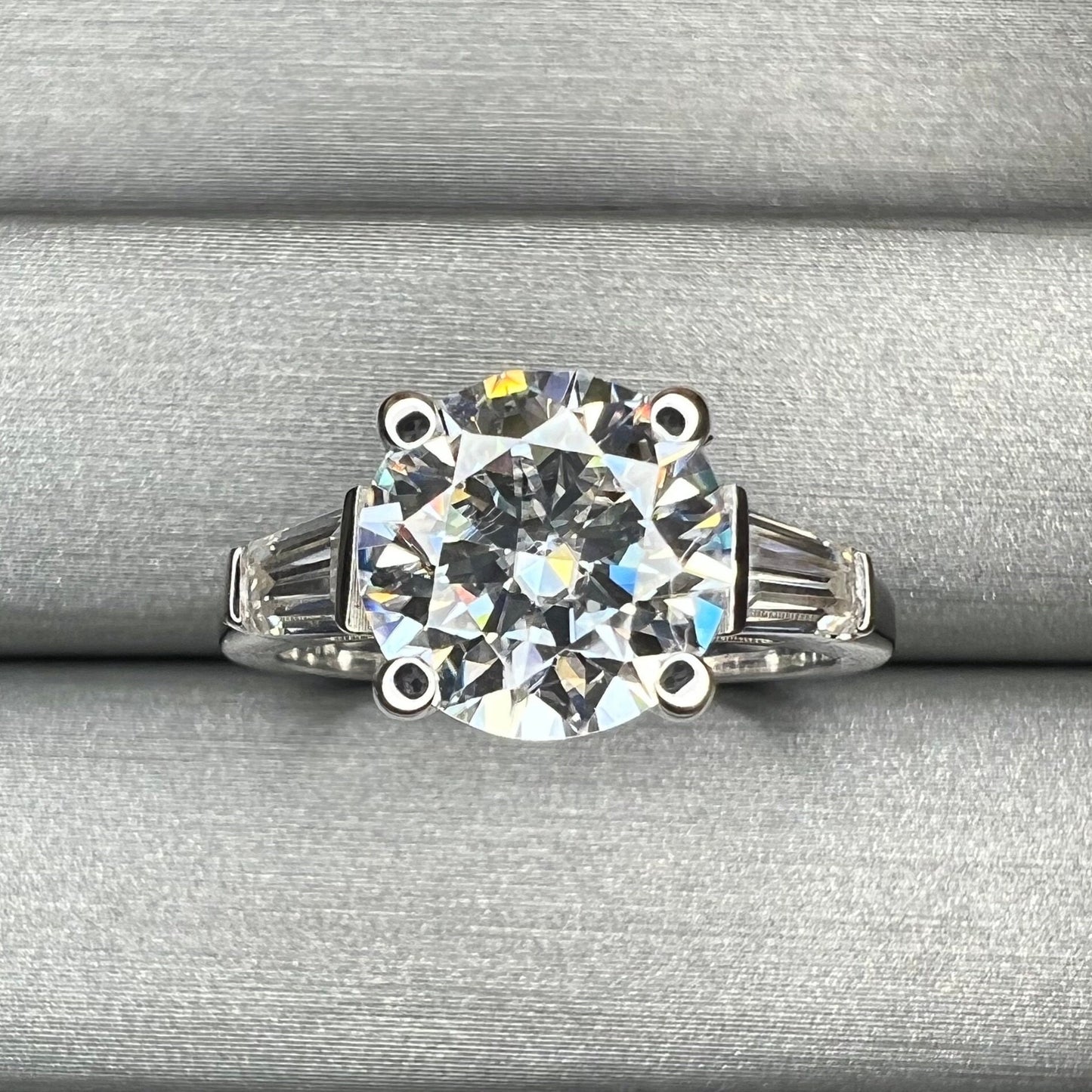 Round baguette moissanite engagement ring 14k white/yellow gold, 2.10 ctw moissanite wedding ring, Round with tapered baguette rings, #7657