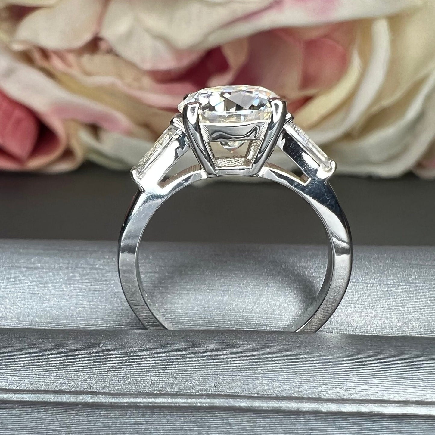 Round baguette moissanite engagement ring 14k white/yellow gold, 2.10 ctw moissanite wedding ring, Round with tapered baguette rings, #7657