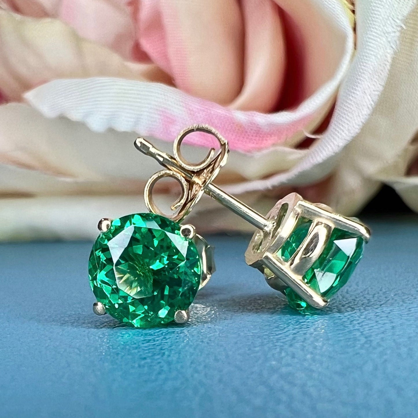 Round brilliant emerald earrings, 2.00ctw. stud earrings with screw backs 14k white gold  #5460