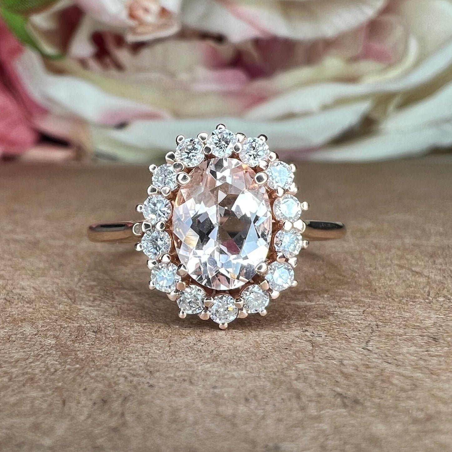 Morganite ring, rose gold ring, Oval shaped genuine morganite engagement ring, Peach morganite ladies wedding anniversary promise ring #7688