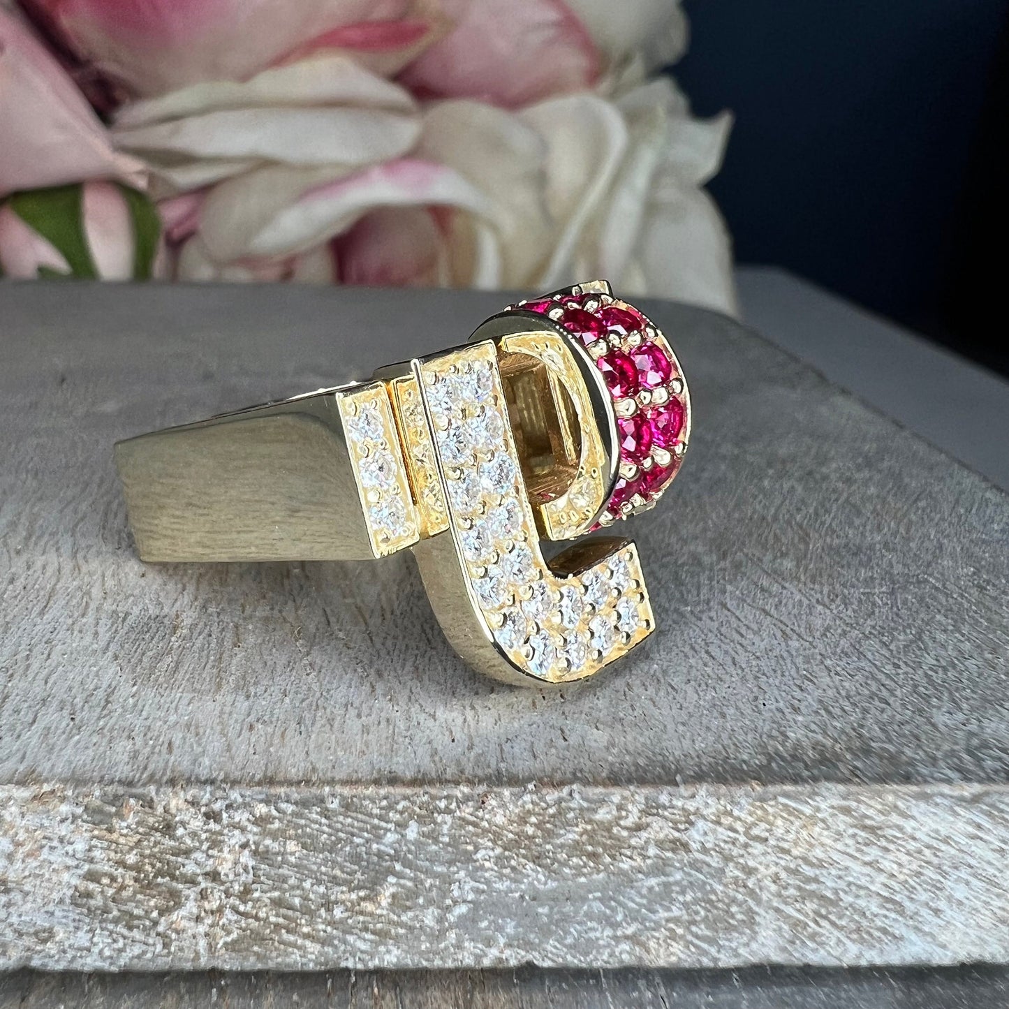 Moissanite and ruby chunky dome ring 14k solid gold art deco geometric ring unique ruby/moissanite statement ring, Unisex ruby rings #7759