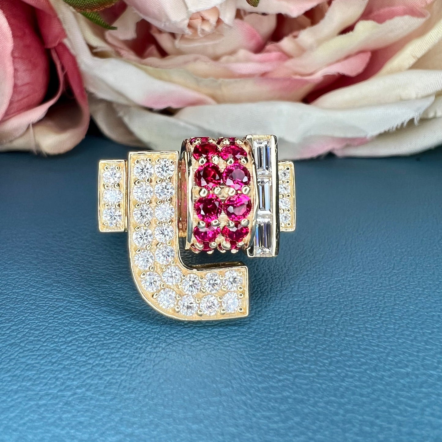 Moissanite and ruby chunky dome ring 14k solid gold art deco geometric ring unique ruby/moissanite statement ring, Unisex ruby rings #7759