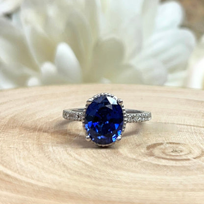Blue sapphire solitaire engagement ring white gold, Oval shaped sapphire wedding ring, September birthstone jewelry Blue sapphire ring