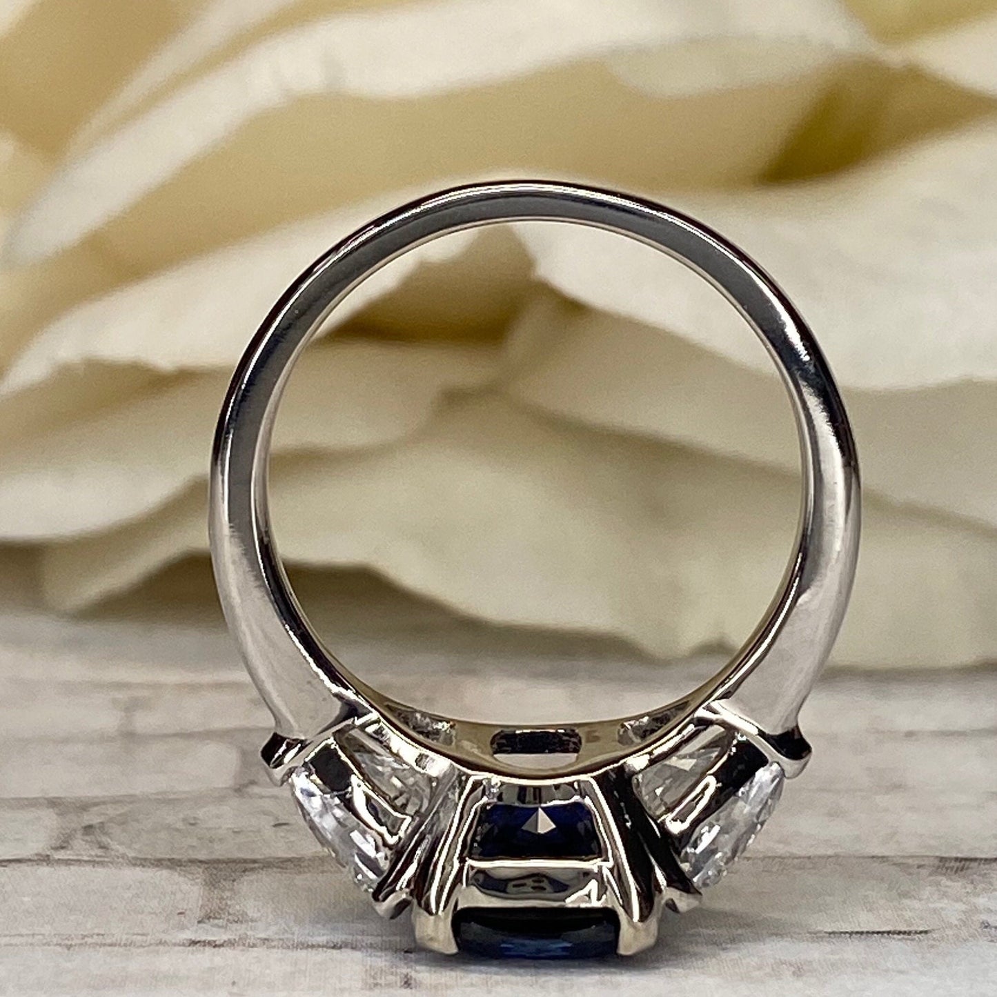 Elongated Blue Sapphire Three Stone Engagement Ring, Blue Sapphire and Moissanite Ring, Cushion Cut Sapphire Ring 14k Solid White Gold 6765