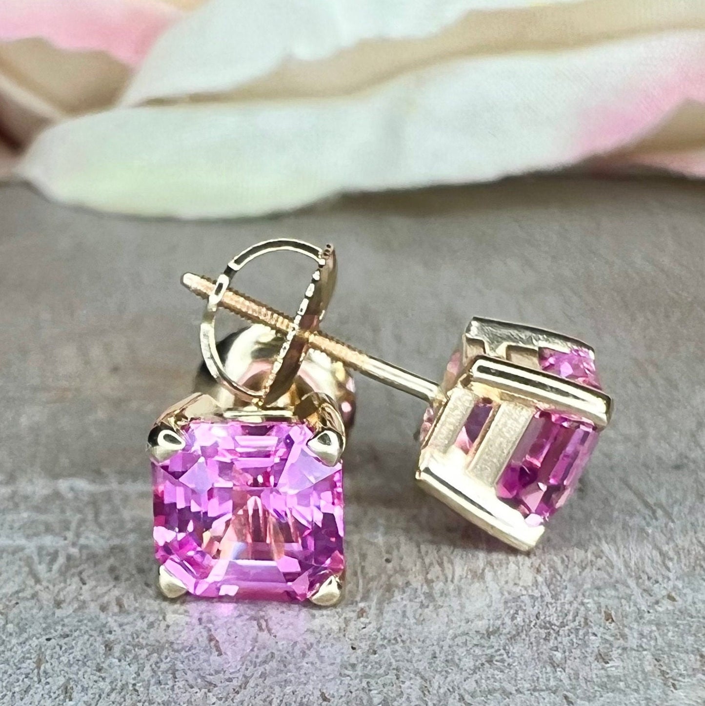 Pink Sapphire Stud Earrings For Her, 14k Yellow Gold Asscher Cut Sapphire Earrings, 3.50ctw Asscher Square Sapphire Birthstone Earrings 6436