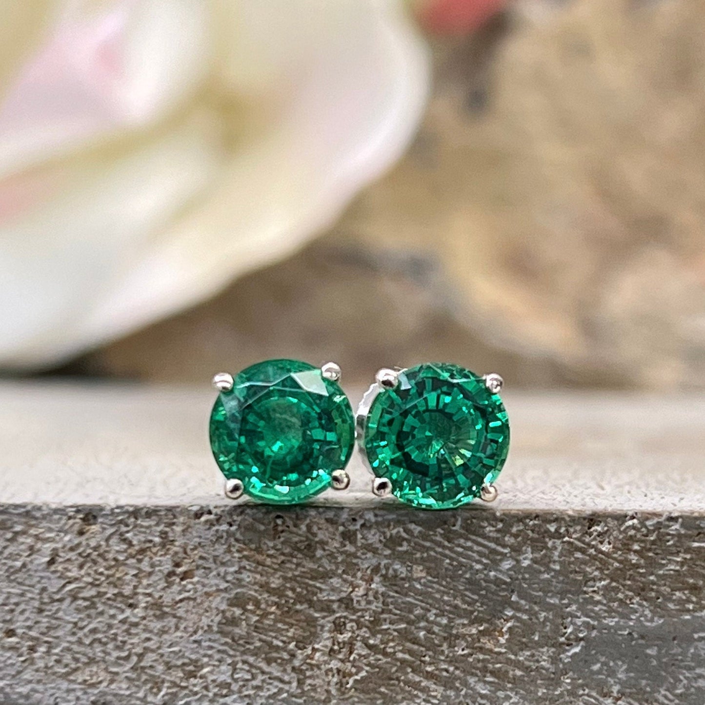 Round brilliant emerald earrings, 2.40ctw. stud earrings with screw backs 14k white gold  #6878