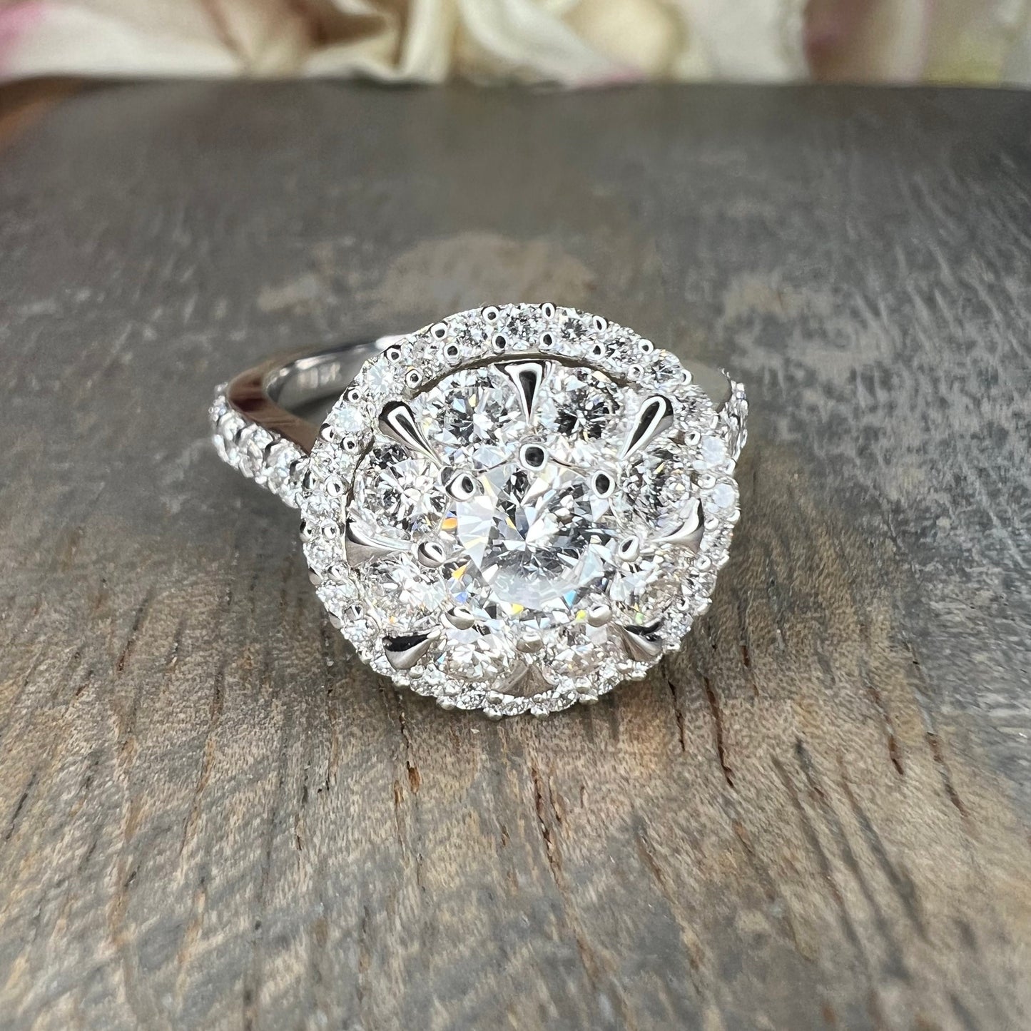 Lab grown diamond ring 14K  white gold, Round cut lab grown diamond engagement ring 14k, Lab grown diamond ring with halo Unique ring