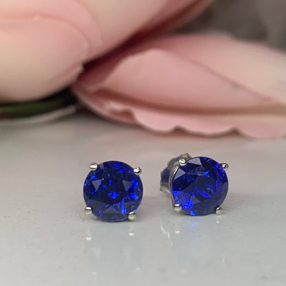 Round Blue Sapphire Stud Earrings 2.50ctw. In 14k White Gold #5564