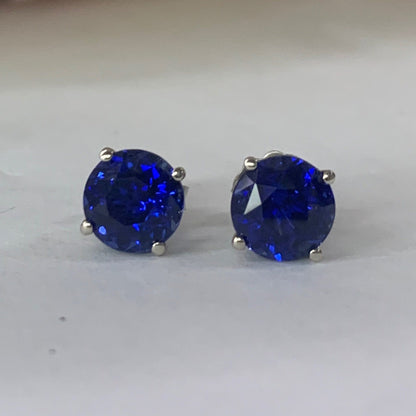 Round Blue Sapphire Stud Earrings 2.50ctw. In 14k White Gold #5564
