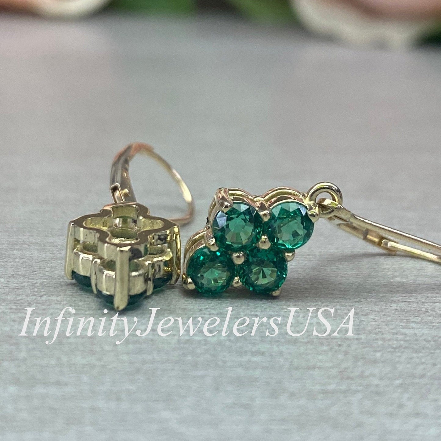 Emerald Dangle Earrings, Family Birthstone Earrings, 14k Yellow Gold, Emerald Earrings, May Birthstone, Leaver Back Earrings   #6873