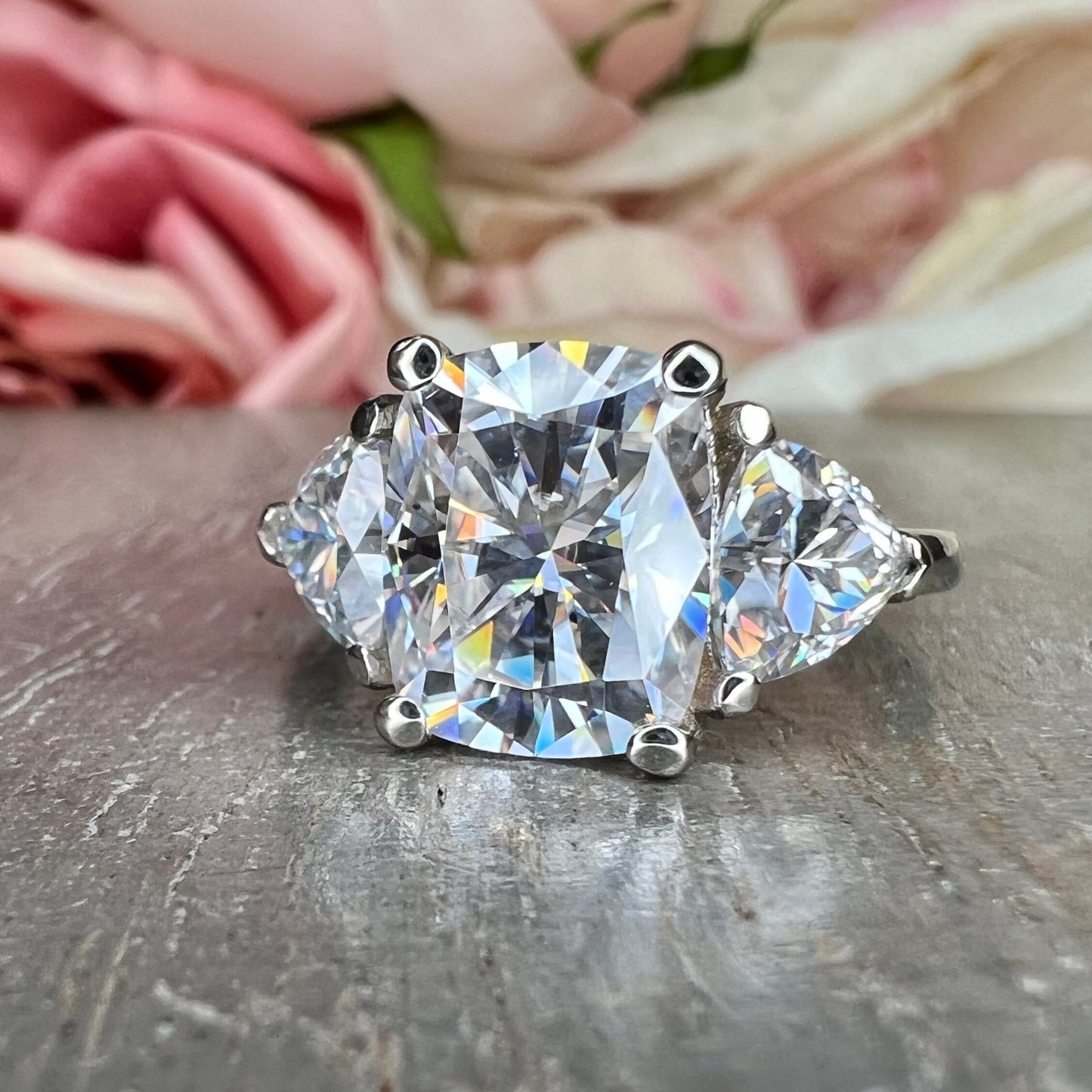 Cushion Cut Moissanite Engagement Ring White Gold Three Stone Moissanite Engagement Rings Women Unique Wedding Promise Anniversary Ring