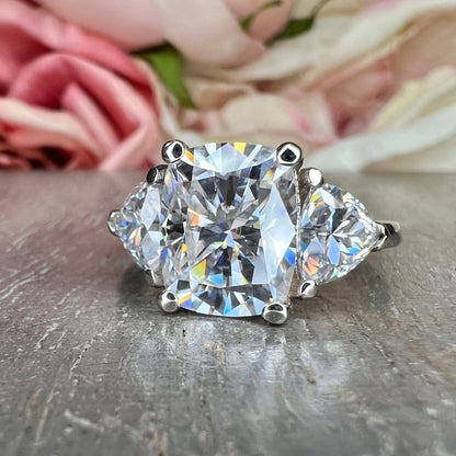 Cushion Cut Moissanite Engagement Ring White Gold Three Stone Moissanite Engagement Rings Women Unique Wedding Promise Anniversary Ring