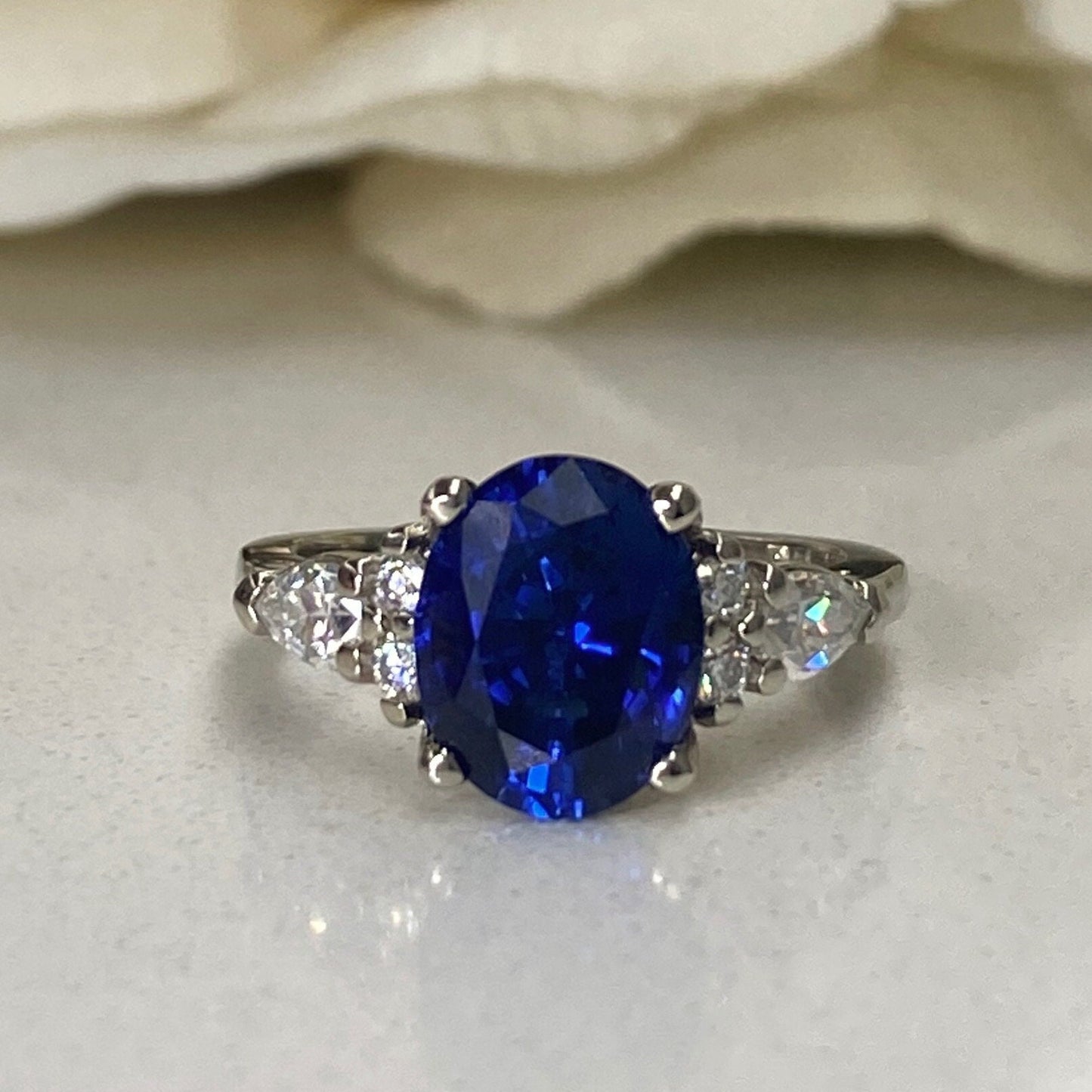Oval Blue Sapphire Engagement Ring 14K Solid White Gold , Unique Vintage Oval Cluster Ring For Women , Blue Sapphire Engagement Rings  #7213