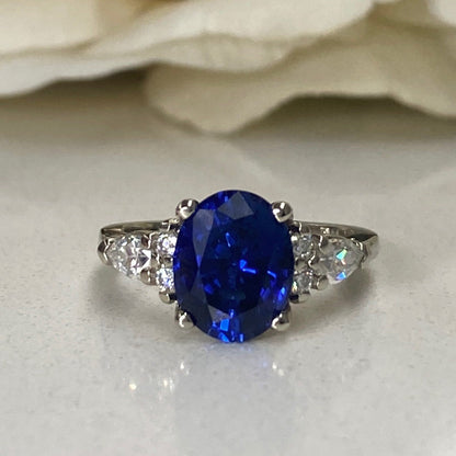 Oval Blue Sapphire Engagement Ring 14K Solid White Gold , Unique Vintage Oval Cluster Ring For Women , Blue Sapphire Engagement Rings  #7213