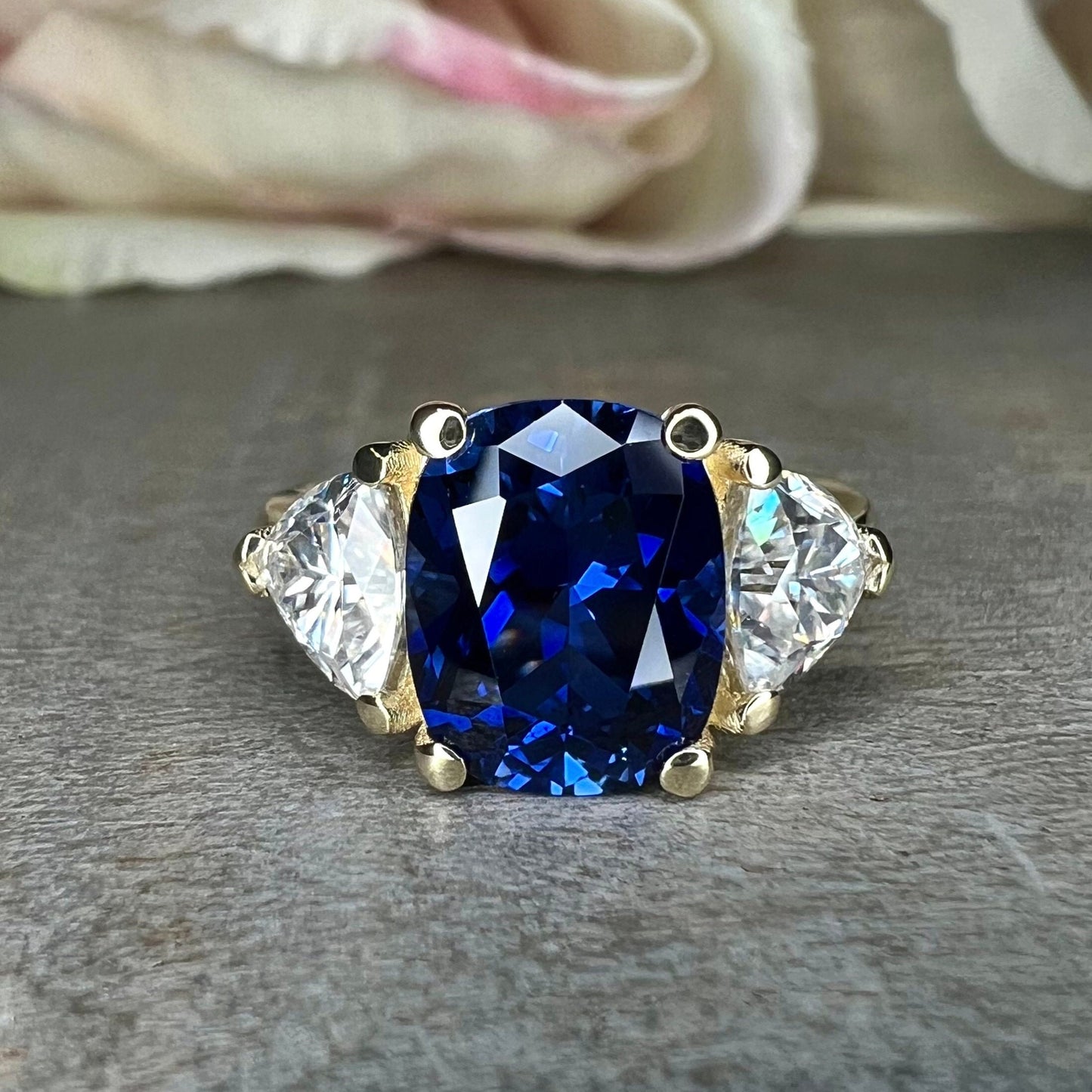 Elongated Blue Sapphire Three Stone Engagement Ring, Blue Sapphire and Moissanite Ring, Cushion Cut Sapphire Ring 14k Solid White Gold 6765