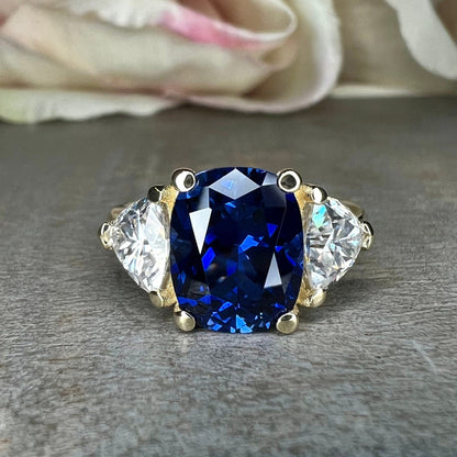Elongated Blue Sapphire Three Stone Engagement Ring, Blue Sapphire and Moissanite Ring, Cushion Cut Sapphire Ring 14k Solid White Gold 6765