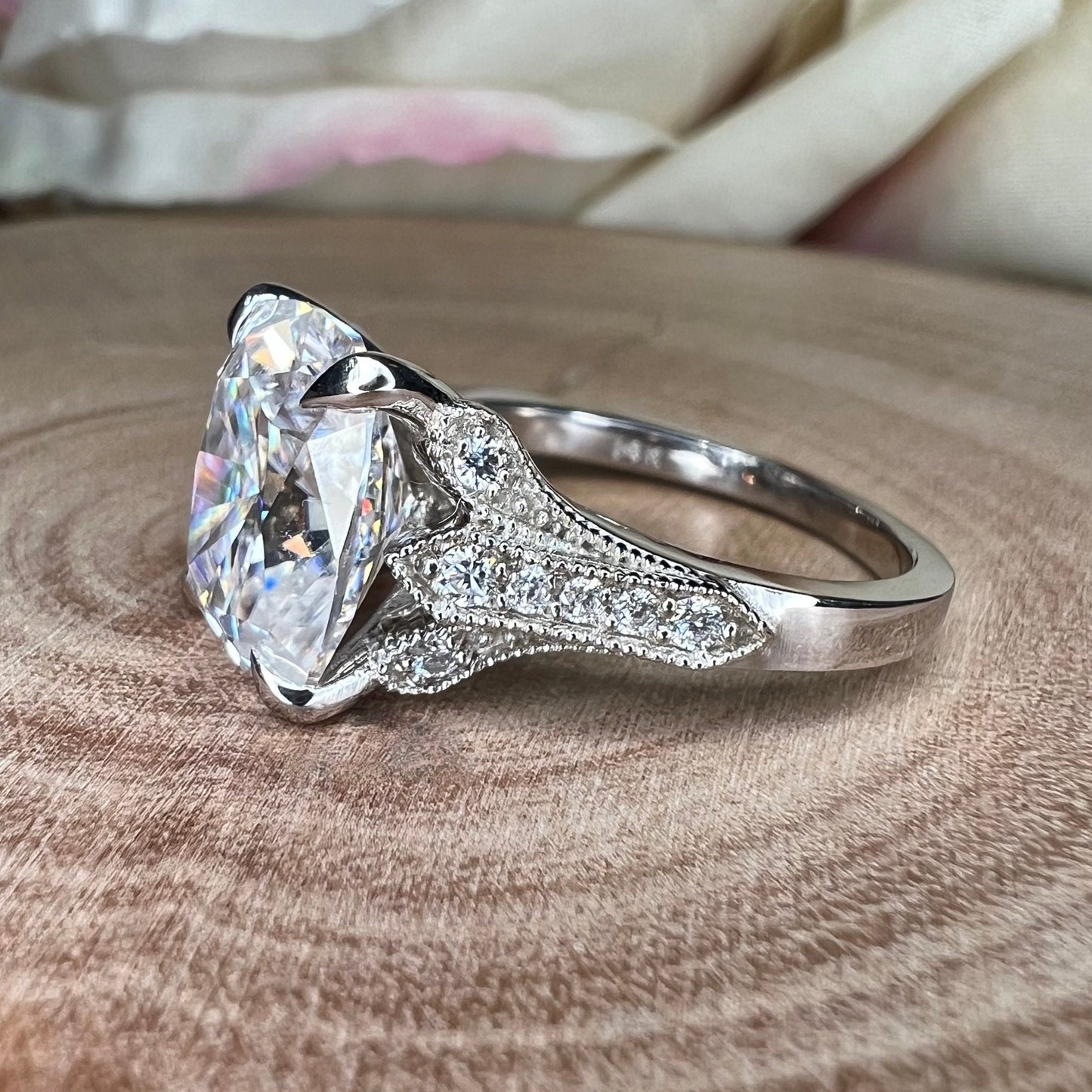 Moissanite Elongated Cushion Cut Engagement Ring, Vintage Cushion Cut Wedding Ring, Moissanite Solitaire Ring white Gold, Cushion Cut, #7775
