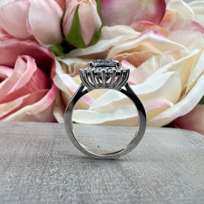 Blue Grey Moissanite Oval Cut Halo White Gold Blue Gray Moissanite Engagement Ring Unique Blue Gray Anniversary Wedding Promise Rings