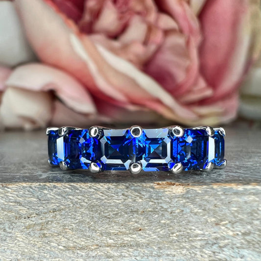 Six Stone Blue Sapphire Half Eternity Band 14K White Gold Asscher Cut Blue Sapphire Wedding Band For Women Unique Blue Sapphire Bands #6053