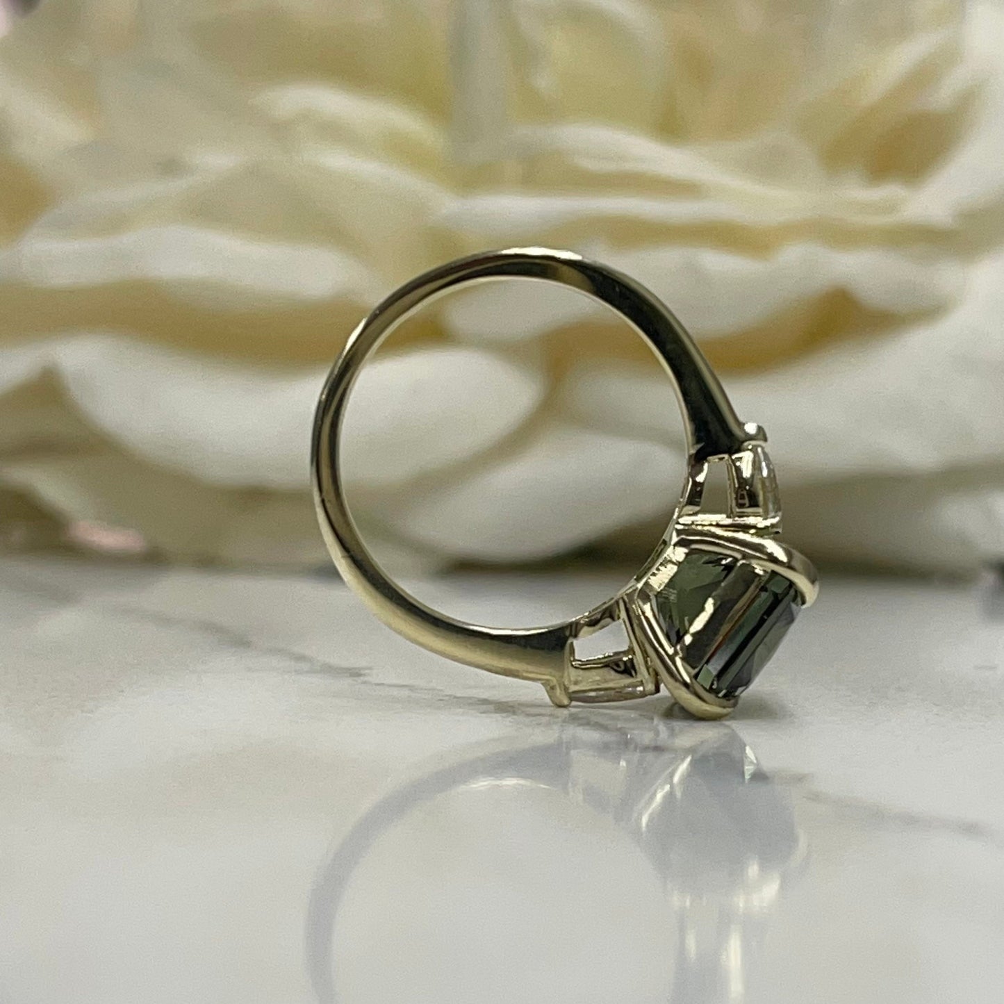 Radiant Cut Olive Green Sapphire Engagement Ring 14K White Gold Unique Vintage Olive Green Sapphire Engagement Rings Green Sapphire Ring