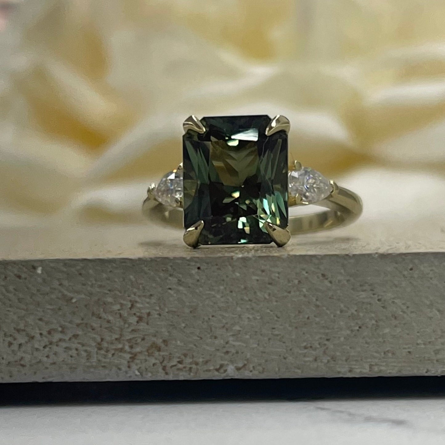 Radiant Cut Olive Green Sapphire Engagement Ring 14K White Gold Unique Vintage Olive Green Sapphire Engagement Rings Green Sapphire Ring