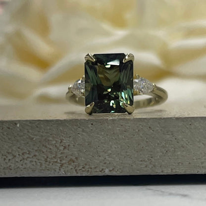 Radiant Cut Olive Green Sapphire Engagement Ring 14K White Gold Unique Vintage Olive Green Sapphire Engagement Rings Green Sapphire Ring