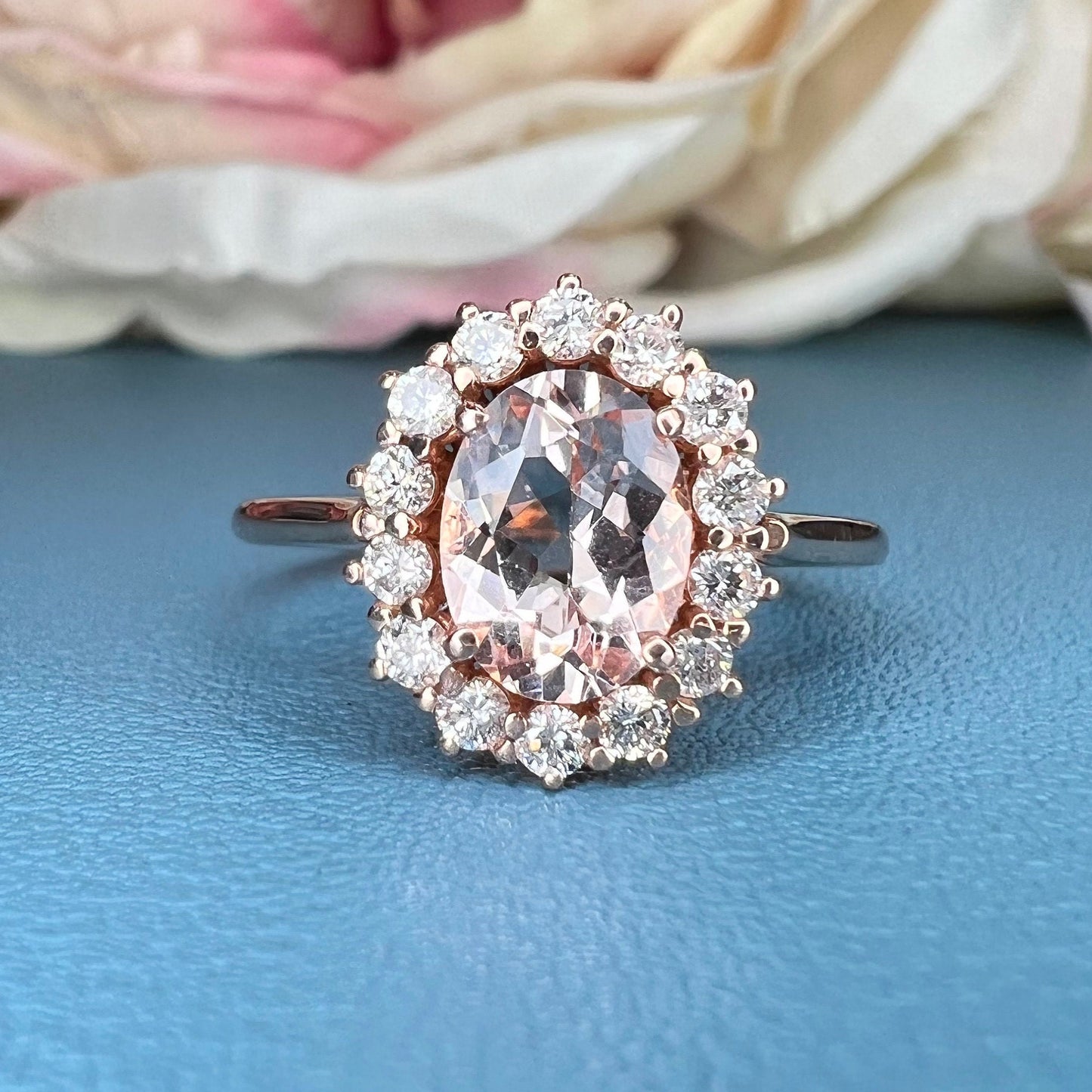 Morganite ring, rose gold ring, Oval shaped genuine morganite engagement ring, Peach morganite ladies wedding anniversary promise ring #7688