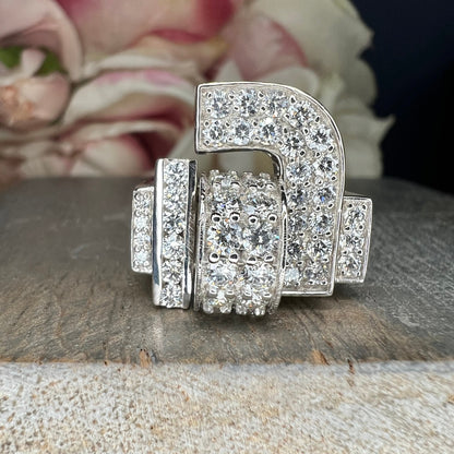 Diamond cluster ring 14k white gold, Unique Art Deco  diamond mens ring, mens iced out ring, gift for him, hip hop ring, pinky ring,   #7758
