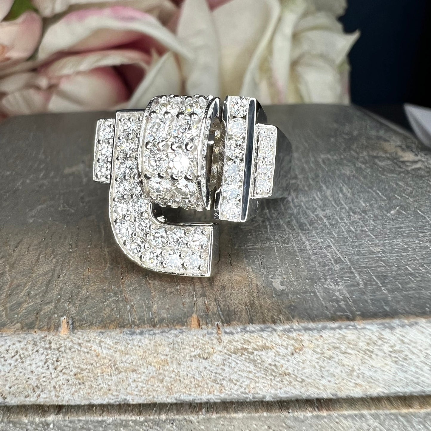 Diamond cluster ring 14k white gold, Unique Art Deco  diamond mens ring, mens iced out ring, gift for him, hip hop ring, pinky ring,   #7758