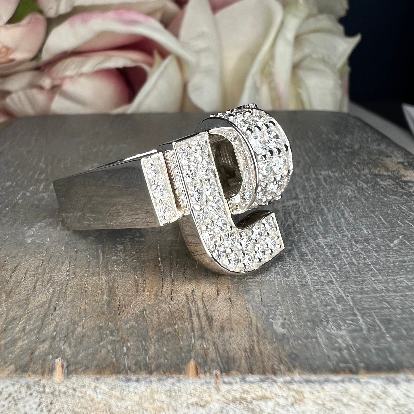 Diamond cluster ring 14k white gold, Unique Art Deco  diamond mens ring, mens iced out ring, gift for him, hip hop ring, pinky ring,   #7758