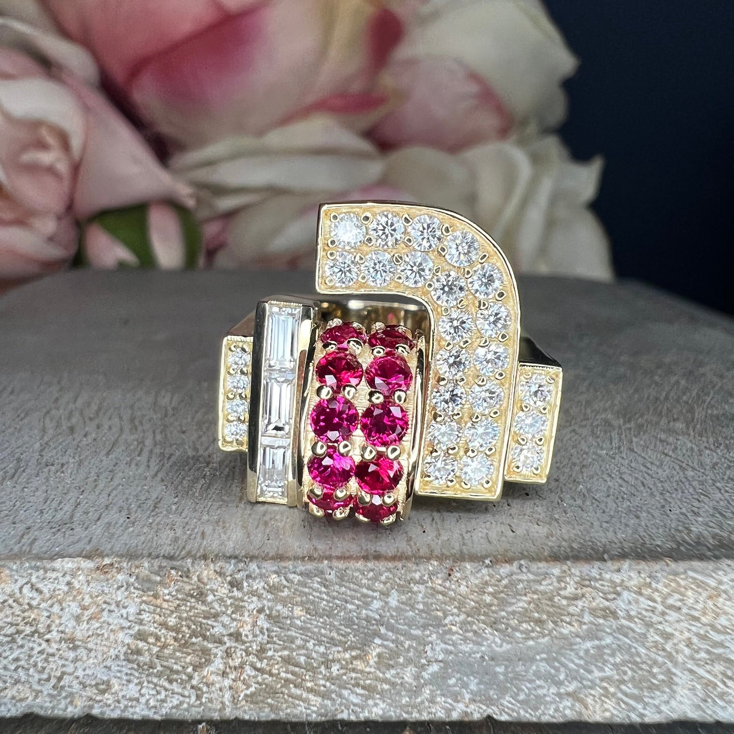 Moissanite and ruby chunky dome ring 14k solid gold art deco geometric ring unique ruby/moissanite statement ring, Unisex ruby rings #7759