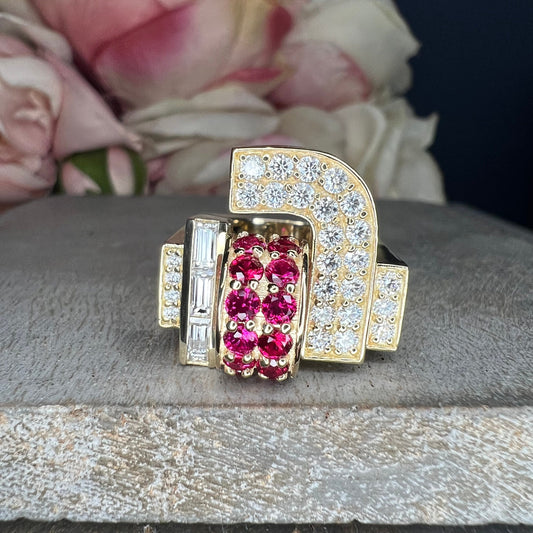 Moissanite and ruby chunky dome ring 14k solid gold art deco geometric ring unique ruby/moissanite statement ring, Unisex ruby rings #7759