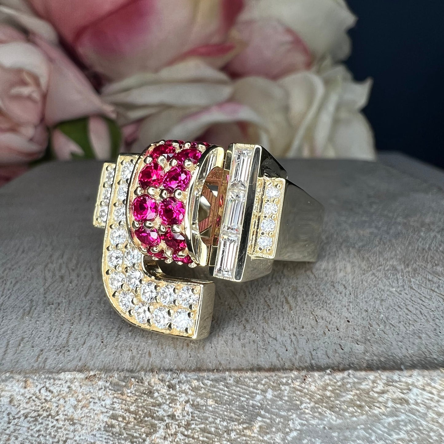 Moissanite and ruby chunky dome ring 14k solid gold art deco geometric ring unique ruby/moissanite statement ring, Unisex ruby rings #7759