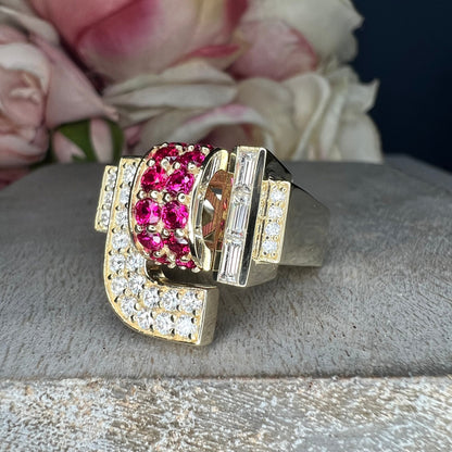 Moissanite and ruby chunky dome ring 14k solid gold art deco geometric ring unique ruby/moissanite statement ring, Unisex ruby rings #7759