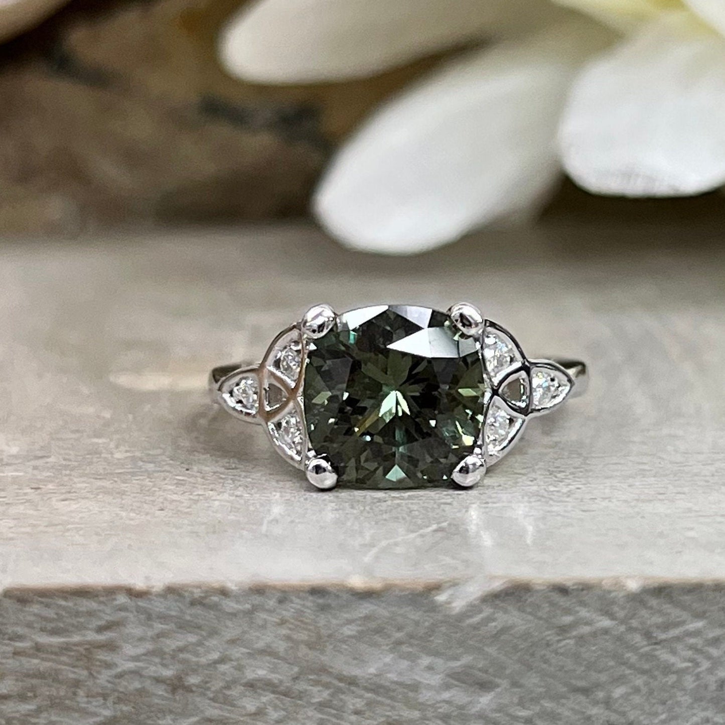Green Sapphire Engagement Ring 14K Olive Green Cushion Cut Sapphire Celtic Engagement Ring Moissanite Celtic Gold Wedding Promise Ring #7300