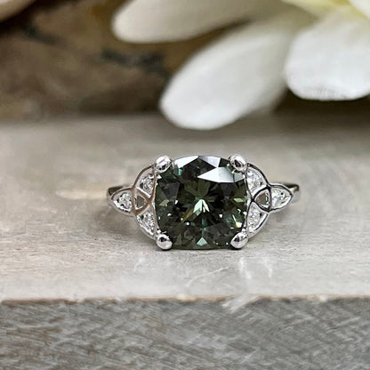 Green Sapphire Engagement Ring 14K Olive Green Cushion Cut Sapphire Celtic Engagement Ring Moissanite Celtic Gold Wedding Promise Ring #7300