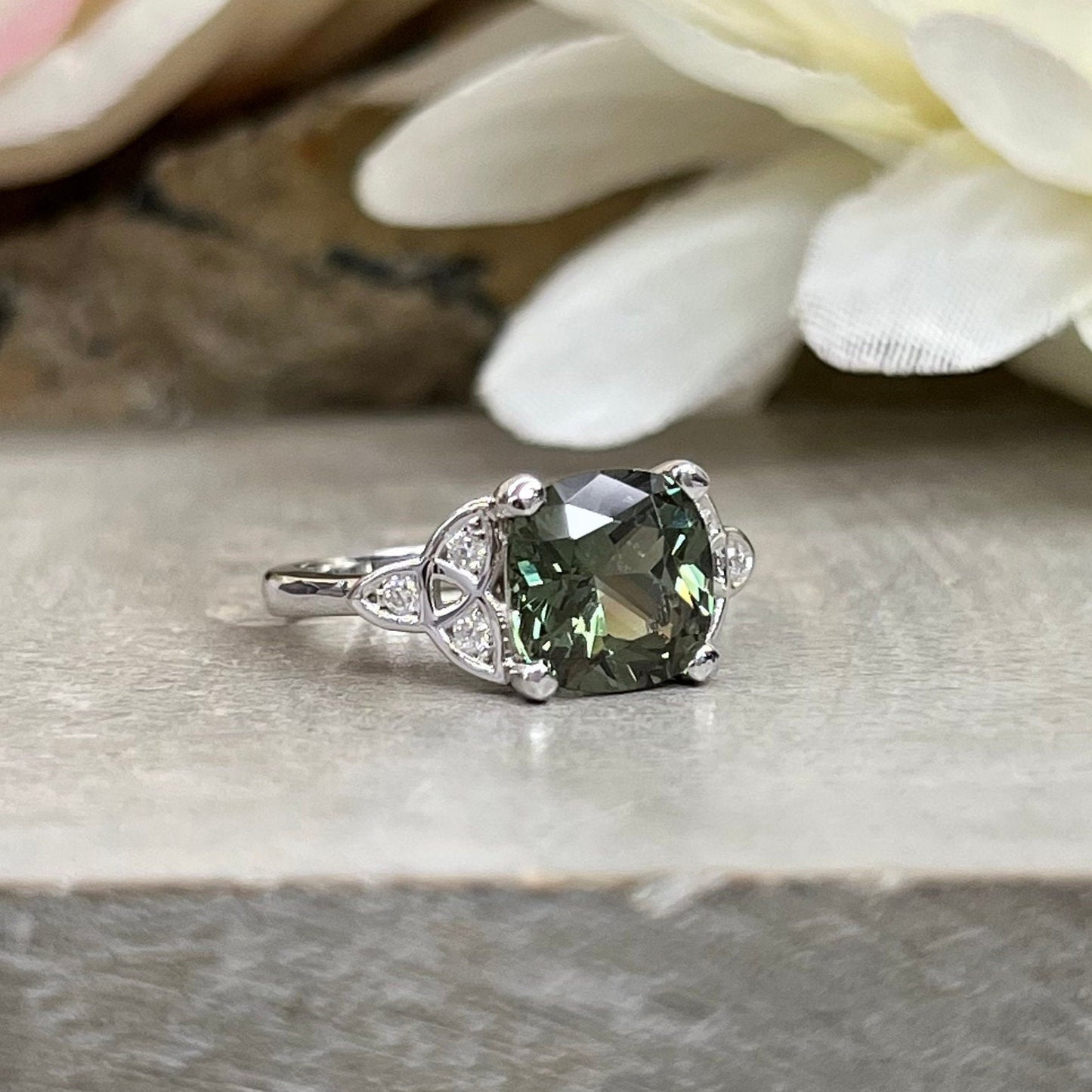 Green Sapphire Engagement Ring 14K Olive Green Cushion Cut Sapphire Celtic Engagement Ring Moissanite Celtic Gold Wedding Promise Ring #7300