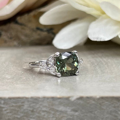 Green Sapphire Engagement Ring 14K Olive Green Cushion Cut Sapphire Celtic Engagement Ring Moissanite Celtic Gold Wedding Promise Ring #7300