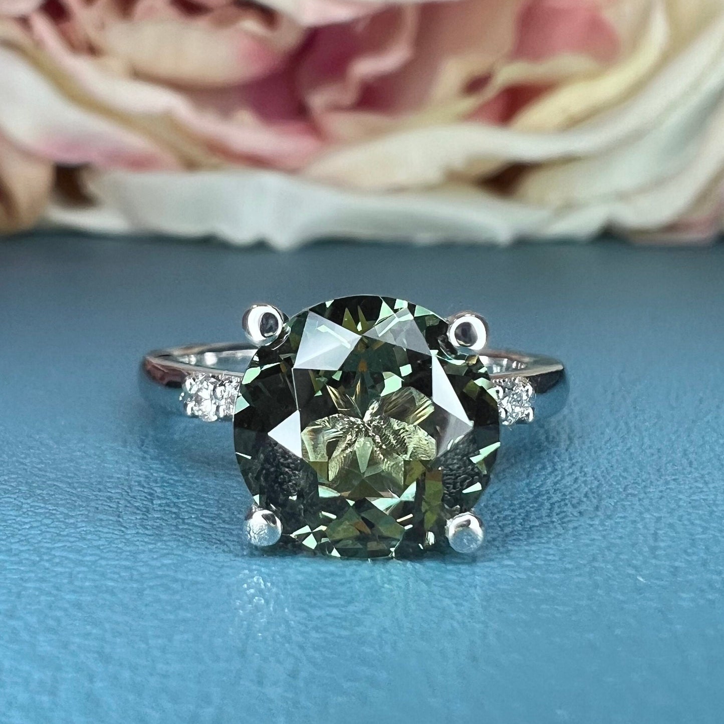 Green Sapphire Round Shaped Engagement Ring 14k Gold Ring , Round Shape Green Sapphire Solitaire Engagement Rings , Green Sapphire Ring 7256