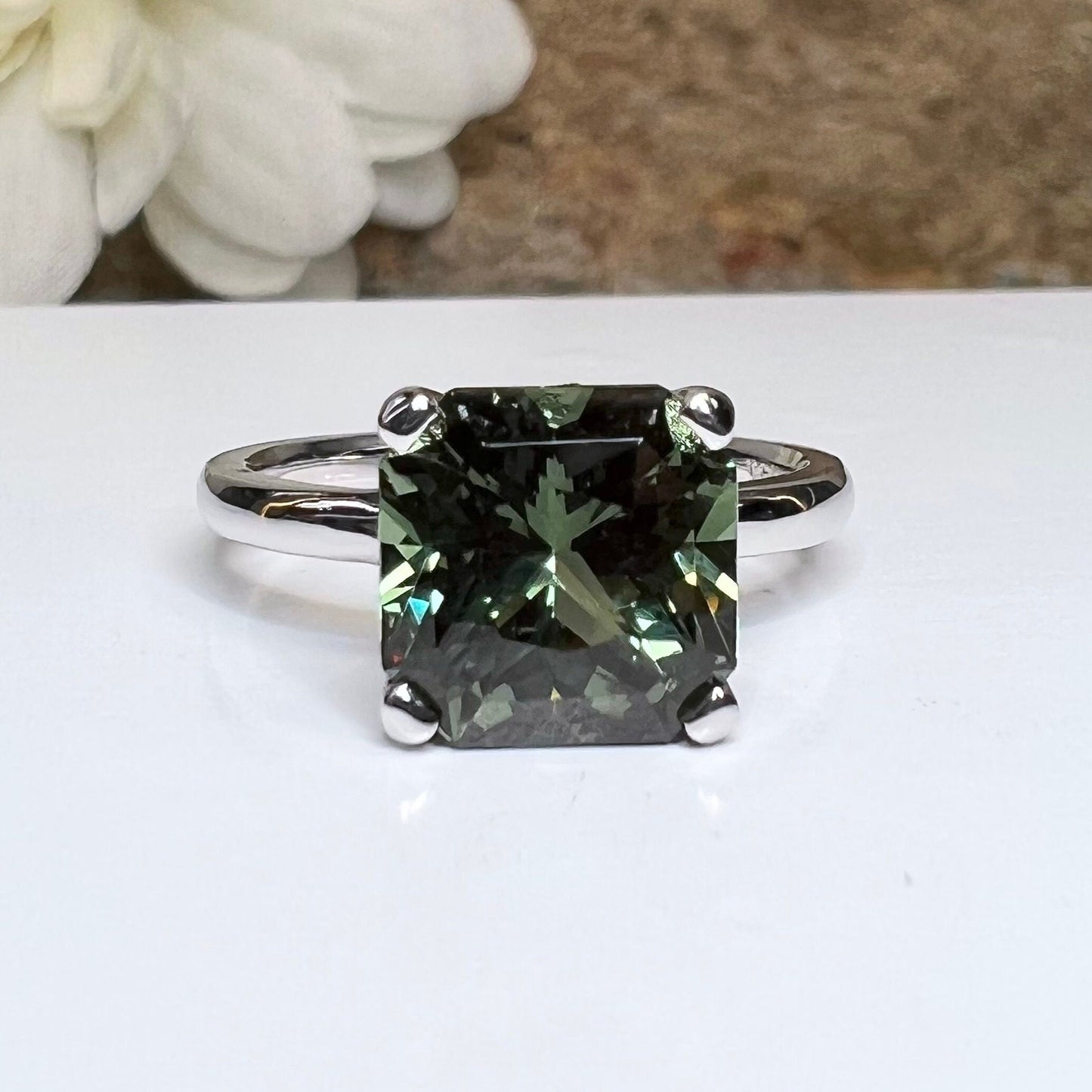 Olive Green Sapphire Engagement Ring 14k White Gold Radiant Cut Olive Green Sapphire Engagement Ring Radiant Shaped Sapphire Solitaire #7332