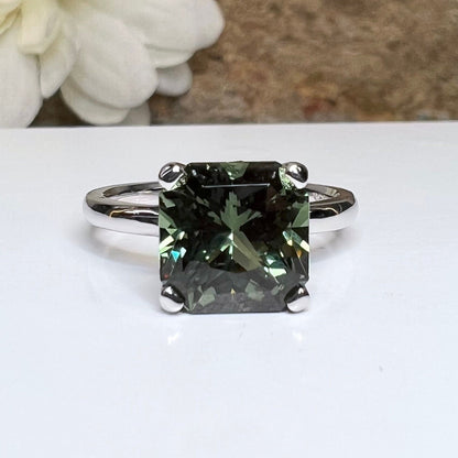 Olive Green Sapphire Engagement Ring 14k White Gold Radiant Cut Olive Green Sapphire Engagement Ring Radiant Shaped Sapphire Solitaire #7332
