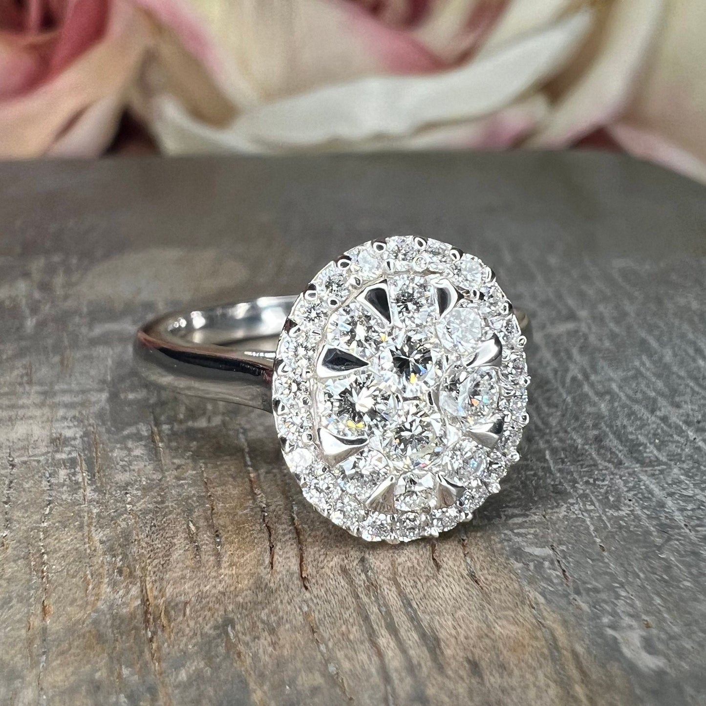 Diamond cluster ring 14k white gold, right hand ring unique cluster engagement ring, diamond wedding Bridal Anniversary gift for women #7780